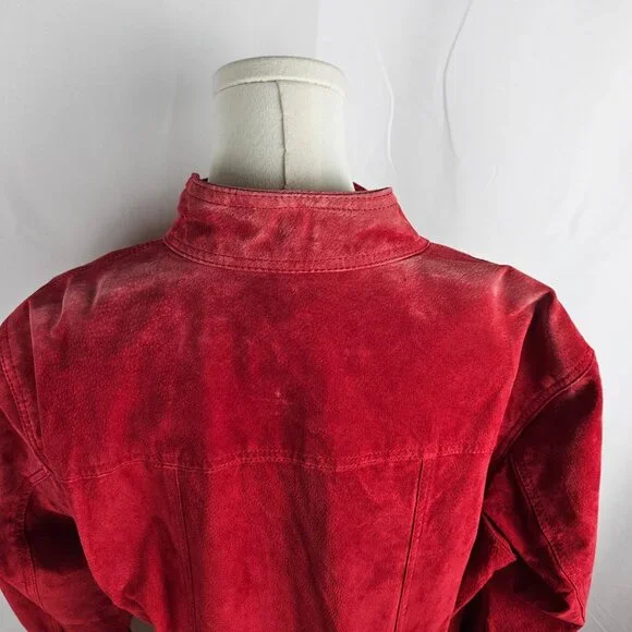 Chicos Red Suede Leather Jacket Size 2 Large Double Zip Flaw Work Jacket Lined - Picture 4 of 10